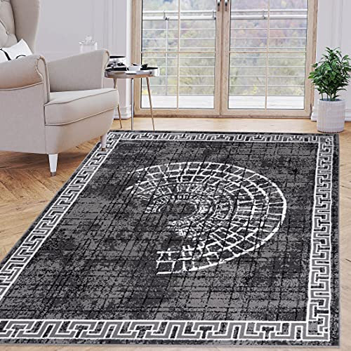 Carpeto Rugs Kurzflor Teppich mit Bordüre - Mäander Griechisch Muster - Wohnzimmer, Schlafzimmer und Flur - Robust und pflegeleicht und Fußbodenheizung geeignet - Grau 200 x 300 cm