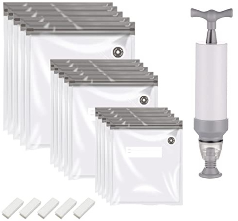 HUIKJI Vacuum Food Storage Bags, Reusable Vacuum Sealer Bags for Food Preservation Vacuum Sealing Kit, Vacuum Bags with Sealing Clips Vacuum Pump, Gray
