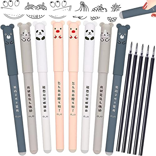 Artbiu 8 Black Ink Erasable Pens, 0.35mm Rub Out Pens With Eraser, Erasable Gel Pen With Rubbers on End for Writing