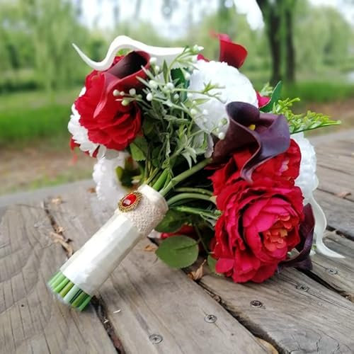 HXSCOO Burgunderrote Calla-Lilie mit weißer roter Pfingstrose runder Blumenstrauß 12 Zoll Hochzeit Brautblumen