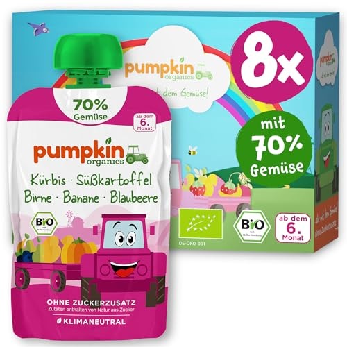 Pumpkin Organics Bio Gemüse-Quetschies 8er Pack Kürbis, Süßkartoffel, Birne, Banane, Blaubeere ohne Zuckerzusatz - Babynahrung für Babys ab dem 6. Monat - glutenfrei & vegetarisch (8x100g)