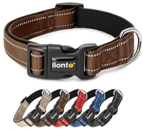 lionto Collare per cani imbottito in nylon riflettente impermeabile regolabile, taglia L, marrone