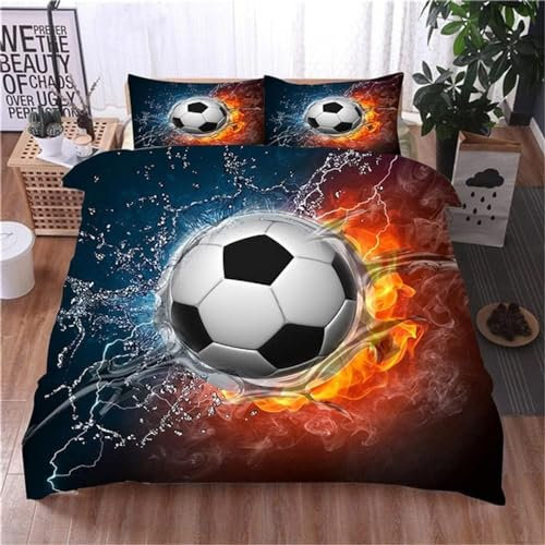 Bettwäsche 200x200 FußBall Bettwäsche Set 3D Bedruckte Bettbezug Set mit ReißVerschluss, Weich Flauschige Hypoallergen Bettbezug + 2 Kissenbezug