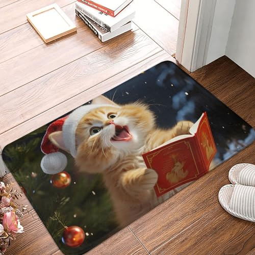 YNCATXZ Zerbino con gatto che canta canti natalizi, 40 x 60 cm, antiscivolo, per interni ed esterni, tappetino di benvenuto, lavabile, zerbino per ingresso e bagno, in flanella assorbente