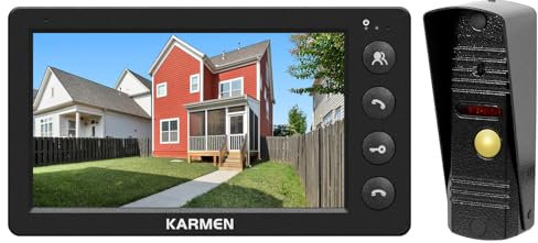 Karmen Portero con vídeo de 7 Pulgadas, Timbre de Metal, visión Nocturna infrarroja, Impermeable IP65, 16 Tonos, Control Remoto, Negro