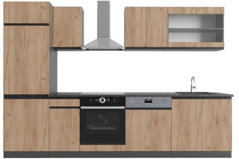 Vicco Küchenzeile R-Line, Goldkraft Eiche/Anthrazit, 300 cm J-Shape, AP Anthrazit, mit variabel positionierbaren Modulen und höhenverstellbaren Füßen