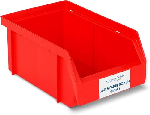 HMH 36x Stapelboxen Größe S Werkstatt Garage Keller Sichtlagerboxen 161x105x75mm Lagerboxen ROT Sichtlagerkästen Kleinteile Aufbewahrung