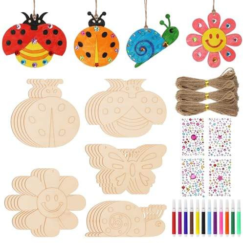 FINEASY 49 Pezzi Kit di Fai-da-Te per Bambini, Kit di Bricolage in Legno per Bambini con Matite Acquerello & Adesivi con Pietre Preziose, Bricolage in Legno per DIY, Decorazione Pittura