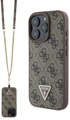 Guess Schutzhülle für iPhone 16 Pro, offizielles Lizenzprodukt von CG MOBILE | PU-Lederhülle mit Metalllogo und Strasssteinen | Crossbody-Gurt Schutzhülle für iPhone 16 Pro Max (6,9 Zoll) 2024 – Braun
