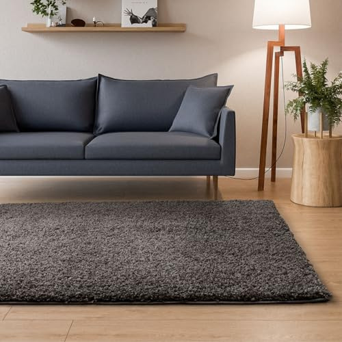 Interiyou Hochflor Teppich Sofia - 200x290 cm Grau - flauschig und einfarbig - waschbar und rutschfest - weicher Langflor