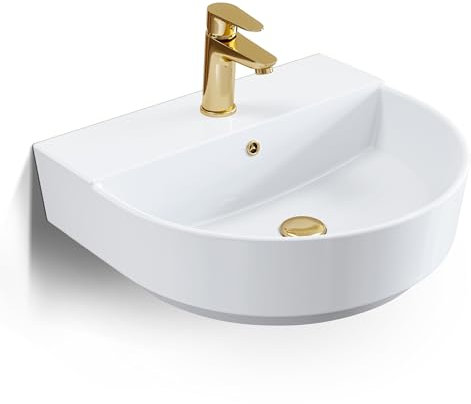 HOROW Waschbecken Oval Keramik Weiß, Waschtisch Klein Toilette WC Handwaschbecken, Aufsatzwaschbecken Rund Gäste WC, 50 cm breit, Wandhängend mit Überlauf und Hahnloch, Weiß