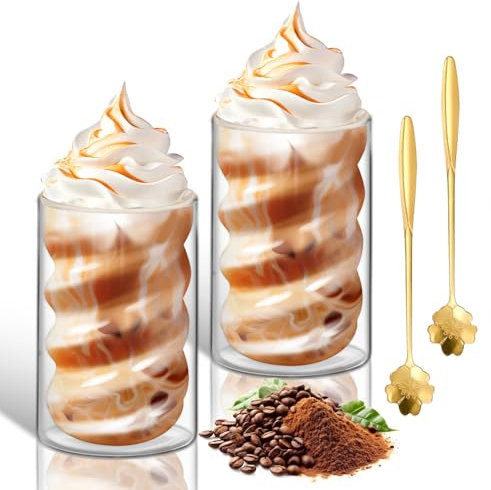 Tazas de Café de Cristal 400ml Set de 2 Vasos de Doble Pared Transparente Taza cristal cafe con 2 Cucharillas Tazas de Vidrio Borosilicato para Latte Macchiato