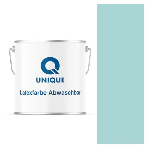Q UNIQUE Latexfarbe ABWASCHBAR 5L (ca.35m2) Helltürkis, Waschbare, hochdeckende, tiefmatte Latexfarbe auf Basis von Ethylen-Vinylacetat-Copolymer. VOC-frei, geeignet für Wände/Decken in Innenräu