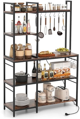 COSTWAY Küchenregal, Standregal mit Steckdosen, 5 Etagen Mikrowellenregal mit Regalen & 10 S-Hakens, Bäckerregal Metallrahmen, bis 100 kg, für Küche Esszimmer, Vintagebraun, 107 x 37 x 160 cm
