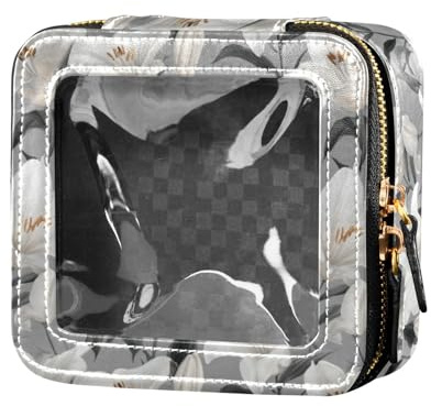 linqin Trousse de maquillage de voyage transparente en cuir blanc lys gris, Lys blanc gris, 1 size