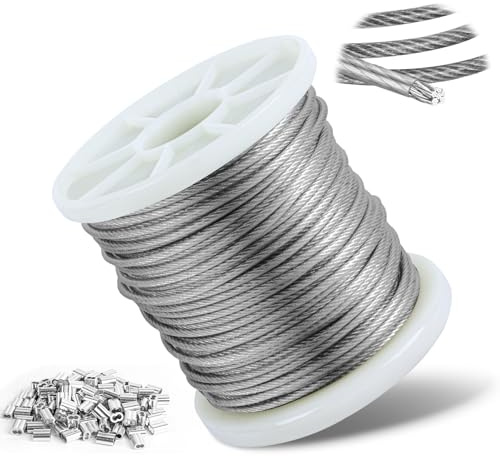 2mm Wire Rope, 304 Stainless Steel Plastic Coated Wire Cable with Aluminum Crimping Loop, 30m Stainless Steel Hanging Cable 7x7 Cross Section for Picture Hanging, Clothes Line