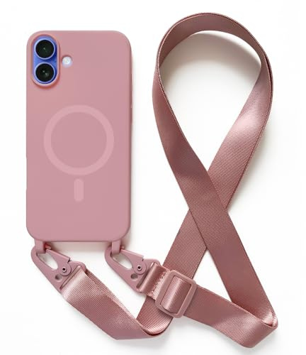 Leather Armor Coque avec Cordon pour iPhone 16(6.1).Compatibilité Chargeur sans Fil.Silicone avec Cordon Case,Couleur Solide-Rose