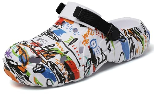 Zuecos para hombre con estampado de graffiti, modernos zapatos de jardín de EVA, antideslizantes e impermeables, transpirables, con correa ajustable, para exterior, playa y ocio, Blanco, 43 EU