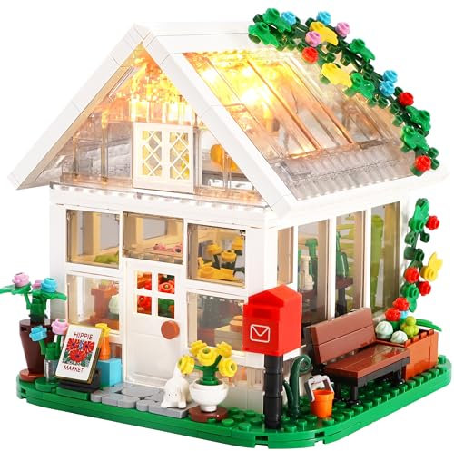 Ulikey Haus Bausteine mit LED Licht, Blumenhaus Bausteine Spielzeug, Klemmbausteine Haus mit Blumen Topfpflanzen Katze, Bauspielzeug Geschenk für Erwachsene Kinder ab 6 Jahre (Weiß, 597PCS)