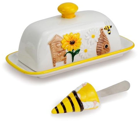 IBEQUEM Sunflower Pattern Covered Ceramic Butter Storage Dish | Lidded Dust-Proof Butter Container, Compact Butter Crock Saver, Kitchen Accessory for Countertop Butter Preservation