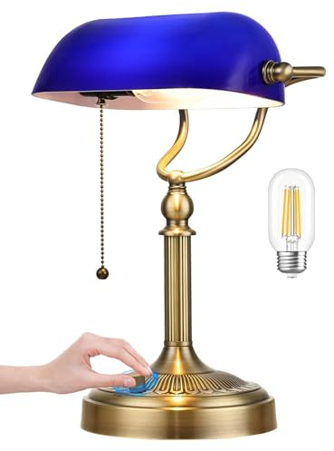 Newrays Banker-Schreibtischlampe aus blauem Glas,Stufenloser Dimmbarer | Tischlampenstopfen für das Studium, Home Office, LED -Glühbirne inklusive