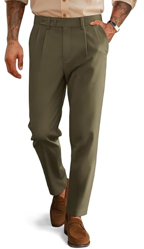 Mens Regular Fit Pleated Pants Tapered Vintage Casual Trousers for Wedding with Extended Waistband Suit Olive Green S
