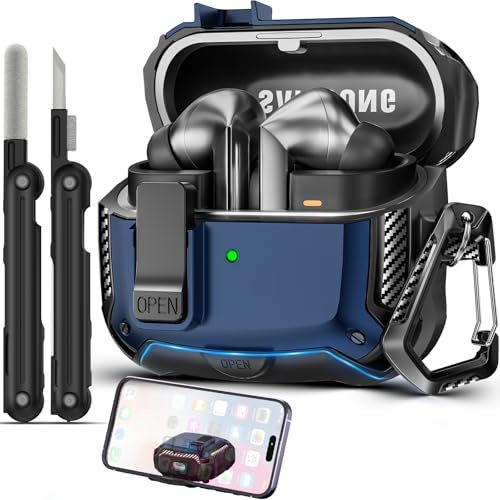 TNSNK Case Cover for Samsung Galaxy Buds 3 FE/Buds 3 Pro/Buds 3, Blue | Built-in Phone Stand, Secure Locking Design, Supports Wireless Charging, with Clean Kit and Keychain