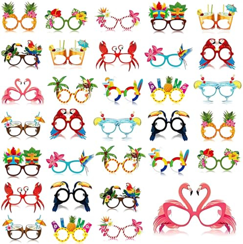 CUEMOON 32 Pezzi Occhiali da Festa Hawaiana, Divertenti occhiali da foto di feste tropicali, Occhiali Divertenti per Compleanni Piscina e Spiaggia, Occhiali Hawaiani Estivi per Bambini e Adulti