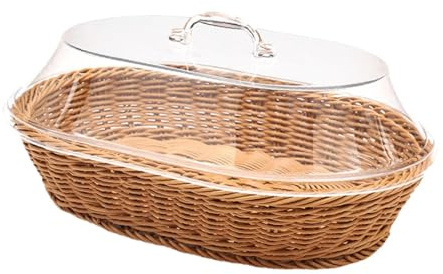 Corbeille à pain tissée avec couvercle – Plateau de service alimentaire, récipient de stockage de fruits en osier, imitation rotin pour table, petit déjeuner, légumes – 25 cm x 35 cm