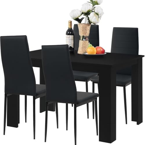 GERMAN Essgruppe Set Tisch und Stühle, Esstisch und 4X Stuhl, strapazierfähiges Kunstleder, Küchenstühle modern, Küche - schwarz