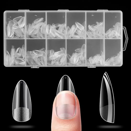 600 Pcs Kit Faux Ongles Amande, Capsule Ongle Amande à Coller en Acrylique Semi-mat Couvrant Entièrement transparents pour Extensions de Gel, Maison et Salon (12 Tailles, Amandes B)