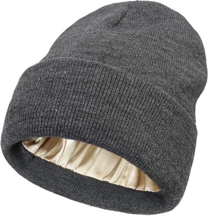 GreatRise Stickad mössa med satinfoder för kvinnor och män, mjuk och varm, vintermössa, mössa med manschetter, unisex, stickad stretchig vintermössa, satin, fodrad ullmössa, Mörkgrå, one size