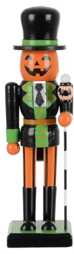 Cackle & Co Pumpkin Nutcracker Soldier Figure 25cm Wooden Halloween Decoration with Hand Painted Pumpkin Head, Black and Green Uniform, Spooky Indoor Ornament for Mantel or Table Display