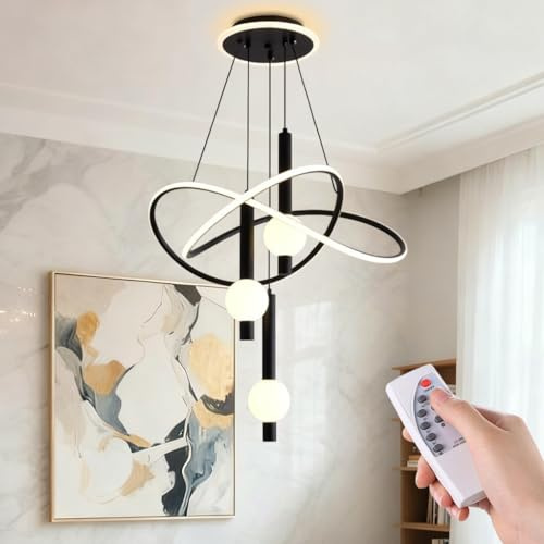 PANNN Pendelleuchte LED Kronleuchter Dimmbar Mit Fernbedienung 75 W Moderne Ring Deckenleuchte Höhenverstellbare Hängeleuchte Mit Drei Leuchten Geeignet Für Wohnzimmer Esszimmer Hotels(Schwarz)