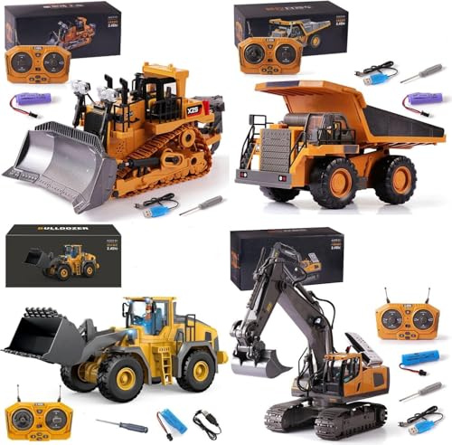 Dujuanus 4Pcs Escavatore Telecomandato, 2.4GHz RC Bulldozer Giocattolo con Luci, Suoni Realistici, Pala Bulldozers RC con Benna e Accessori, Regali Giocattolo per Bambino e Bambine di 3+ Anni