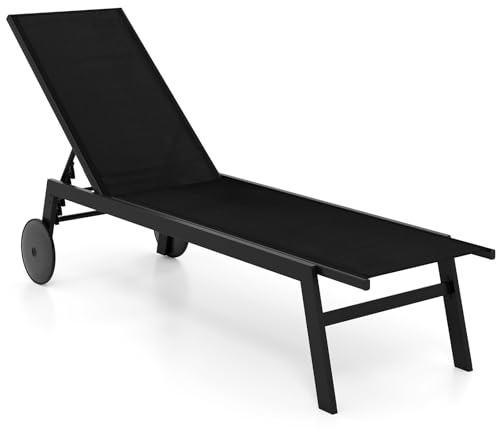FANTASK Sonnenliege mit Rollen, Liegestuhl mit 6-Fach Verstellbarer Rückenlehne, Gartenliege aus schnelltrocknendem Stoff, Strandliege bis 150kg belastbar für Garten, Balkon (Schwarz, 1 Liegen)