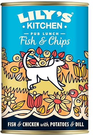 Lily's Kitchen Wet Dog Food – Pub Lunch Fish and Chips with Fish, Chicken and Potatoes, 6 x 400g Tins. Complete Nutrition, with Natural Ingredients for Adult Dogs