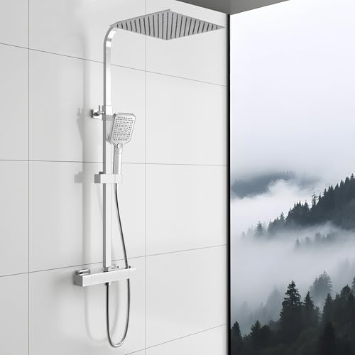 Sky Bathroom Thermostatic Bar Shower Mixer Set with 12 Rainfall & 3-Mode Handheld – Wall Mounted Shower System with Sliding Riser Rail – Chrome