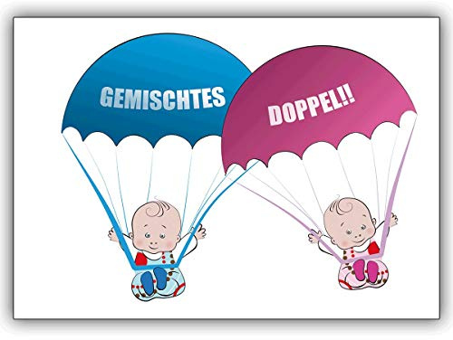 Kartenkaufrausch Süße Zwillings Babykarte/Glückwunsch Grußkarte zur Geburt von Zwillings Mädchen und Junge mit rosa und blauen Babys an Fallschirmen: Gemischtes Doppel!!