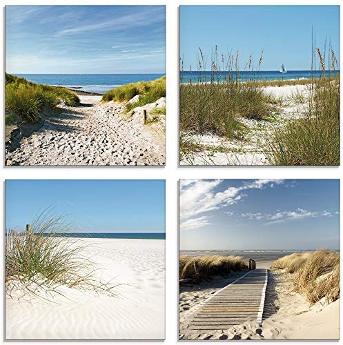 ARTland Wanddeko Glasbilder Wandbild Glas Bild Set 4 teilig je Quadratisch Strand Meer Nordsee Küste Sand Dünen Natur Landschaft Maritim S6MI