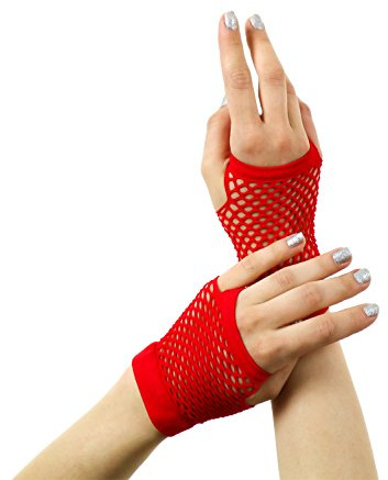 Yummy Bee - Fingerlose Netzhandschuhe - Lang Kurz - Damen Halloween Karnival 80er Kostüm (Rot, Kurz)