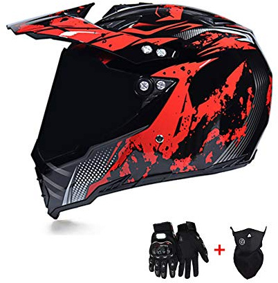 LEENY Motocross-Helm Herren Crosshelm Full-face Schutz mit Sonnenblende Visier Maske Handschuhe, Motorradhelm Motorrad Off-Road ATV MTB Quad Motorräder Racing DH Enduro Integralhelm, Schwarz Rot,XXL