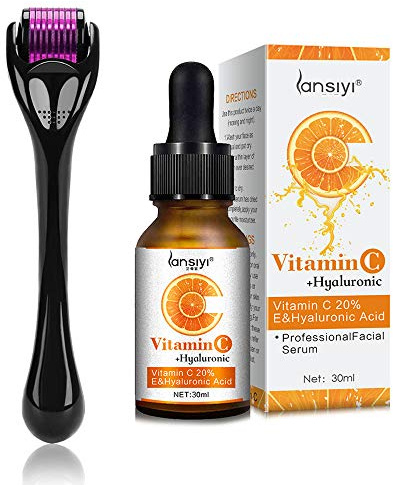 Derma Roller Microneedling Kit für Gesicht 0,3 mm und Vitamin C Serum mit Hyaluronsäure Gesichtsserum – AG540 Titanium Microneedle Bio-Vitamin C 20% Serum Micro Nadeln Akne Narben Anti-Aging Falten