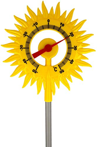 Lantelme Gartenthermometer Sonne mit Metall-Erdspieß 60 cm – Wetterfestes, analoges Thermometer aus Kunststoff – Große Temperaturanzeige von -50°C bis +50°C – Ideal für Gartendeko und Außenbereiche