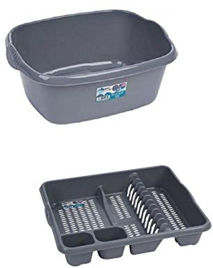 Galleries Set of 2 Rectangular Bowl And Large Dish Drainer Kitchen Storage Plastic Set (Silver/Grey)