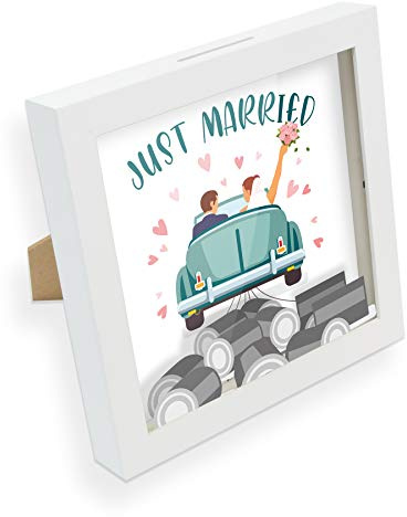 itenga Bilderrahmen Spardose – Geldgeschenk Rahmen mit Schlitz – Sparrahmen mit Umschlag – kreative Geschenkidee für Verschiedene Anlässe 20x20cm (Motiv Just Married)