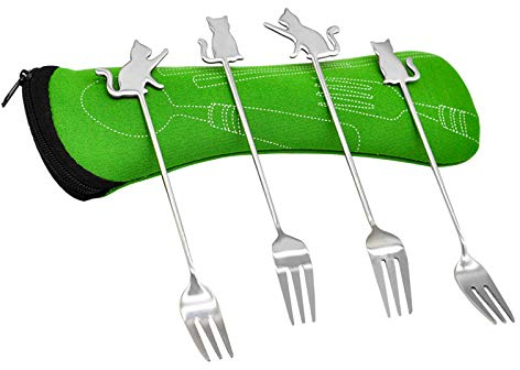 Kuchengabeln Edelstahl Dessertgabel 14,6 cm Süße Obst Vorspeisen Gabel Katze for Haus Küche Restaurant 4 Stück, mit Aufbewahrungsbeutel