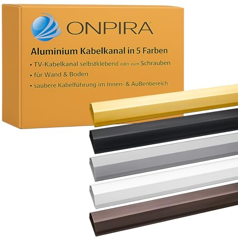 Onpira® Aluminium Kabelkanal in 5 Farben – TV-Kabelkanal selbstklebend oder zum Schrauben – für Wand & Boden – saubere Kabelführung im Innen- & Außenbereich (33x1100mm, Schwarz Selbstklebend: Nein)