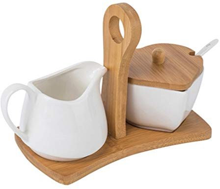 Lurrose Ceramic Sugar and Creamer Set with Bamboo Tray and Spoon White Porcelain Milk Jug and Sugar Bowl for Coffee and Tea Serving at Home