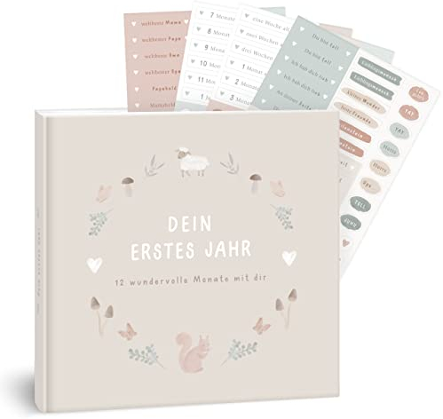 mintkind® Babyalbum Mein erstes Lebensjahr Wald + Sticker Set | Baby Fotoalbum zum Selbstgestalten | Baby Geschenk für Mädchen und Junge | Babybuch zum Eintragen | Baby-Tagebuch ab 0 Monate